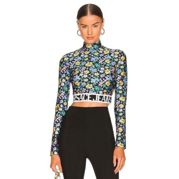 Versace Jeans Couture Long Sleeve Crop Top Hydrangea Blue Floral - Picture 4 of 7